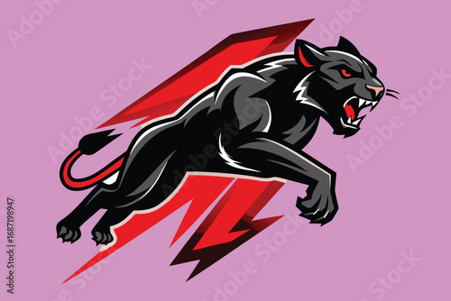 Dynamic black panther leaping forward with fierce red accents and lightning bolt shapes