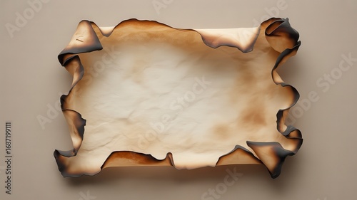 Vintage paper parchment scroll with burnt edges on a beige background close-up