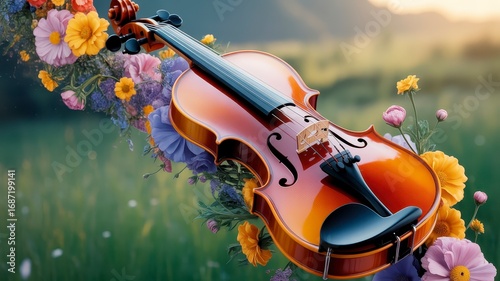 Violin adorned with vibrant flowers against a blurred nature background