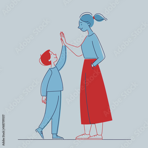 A mother and her young son are enjoying a playful high five. They are indoors, exuding warmth and joy in a bright, simple ambiance. The mother wears a stylish skirt while the child looks excited.