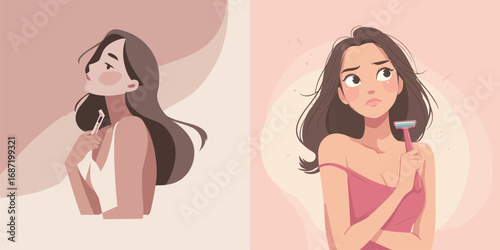 Two women reflect on personal grooming preferences in a soft and inviting color palette. The setting evokes a sense of self-care and contemplation about beauty standards.