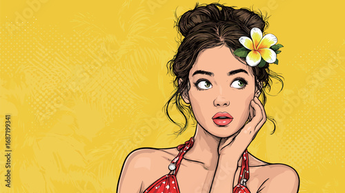 A young woman wearing a red polka dot swimsuit poses with a surprised expression. She has a flower in her hair and stands out against a bright yellow background.