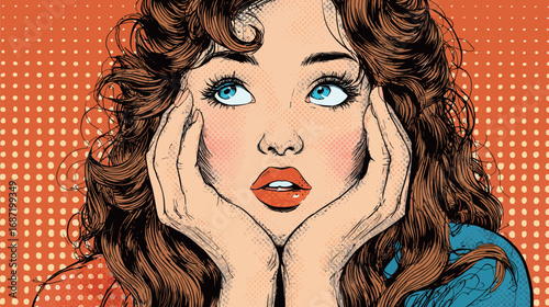 Curly-haired woman rests her chin in her hands, displaying a contemplative expression. Her piercing blue eyes are the focal point, set against a vibrant orange background.