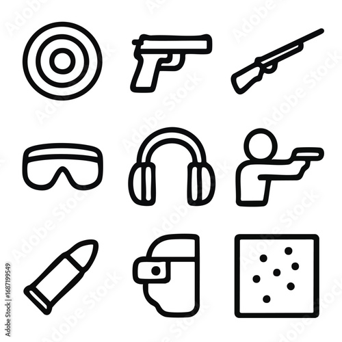 shooting sport equipment safety icons collection