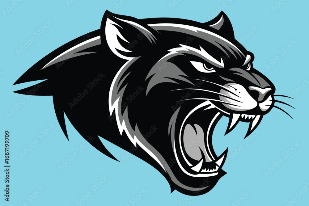 Obraz premium Fierce black panther mascot roaring aggressively with sharp teeth and intense eyes on vibrant background