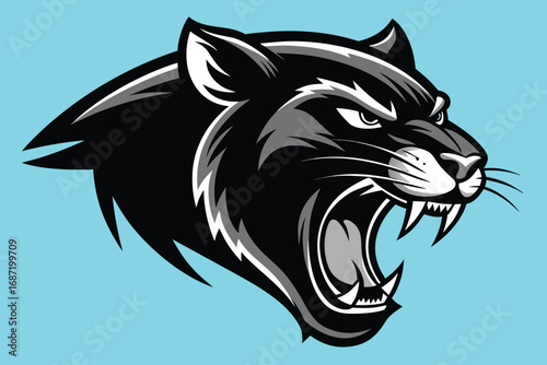 Fierce black panther mascot roaring aggressively with sharp teeth and intense eyes on vibrant background