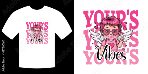 "Yours Vibes" Cute Valentine's Day Cupid with Heart Sunglasses and Bubble Gum T-Shirt Design