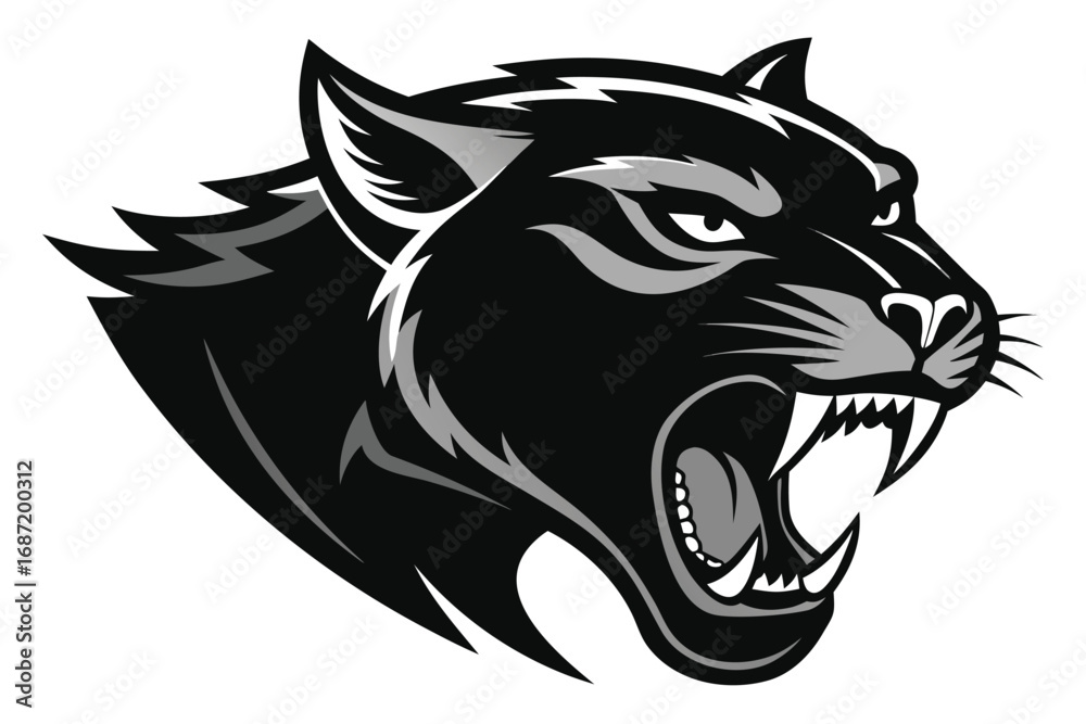 Obraz premium Fierce black panther head roaring with sharp teeth and intense gaze, symbolizing power and aggression