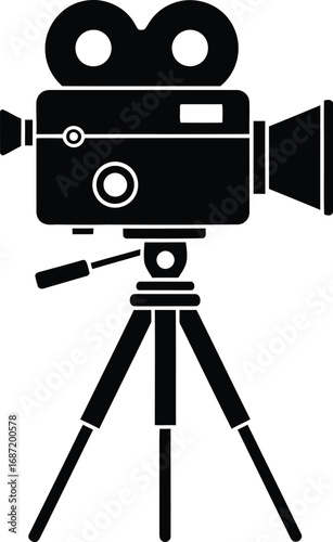 Vintage Camera on Tripod, Black and White Silhouette