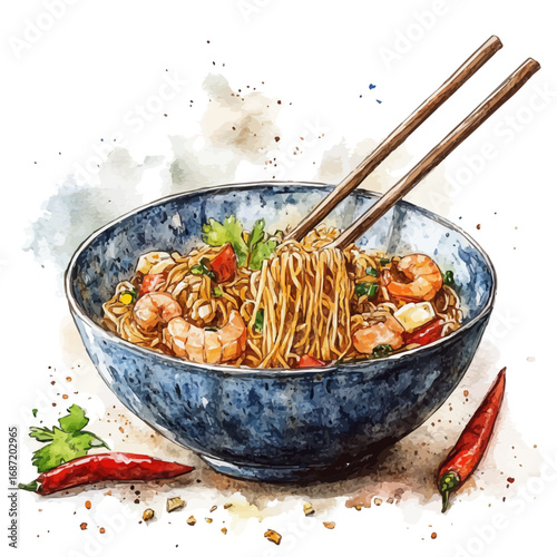 Chow Mein, watercolor painting vector, isolated on a white background.