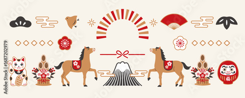 2026年午年　馬と富士山の和風バナー素材