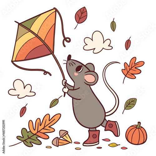 Cute Mischievous Rat, accessorized with with a rainbow kite, in a Autumn world – Autumn Leaves palette vector