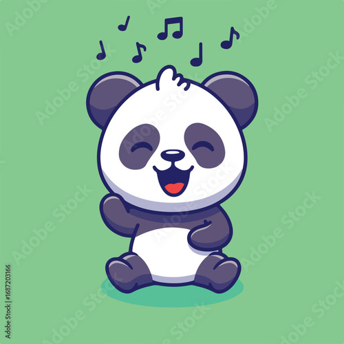 Cartoon panda singing with musical notes above sitting on green background