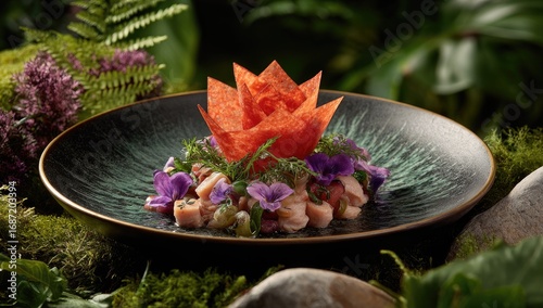 Gourmet dish presentation on dark plate amidst greenery