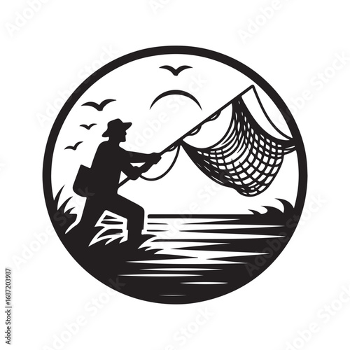 fisherman casting net vector silhouette clip art logo design illustraiton.