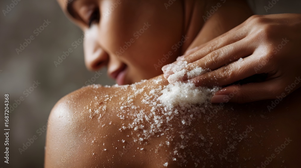 Fototapeta premium Hands applying salt scrub to shoulder for skin exfoliation and wellness