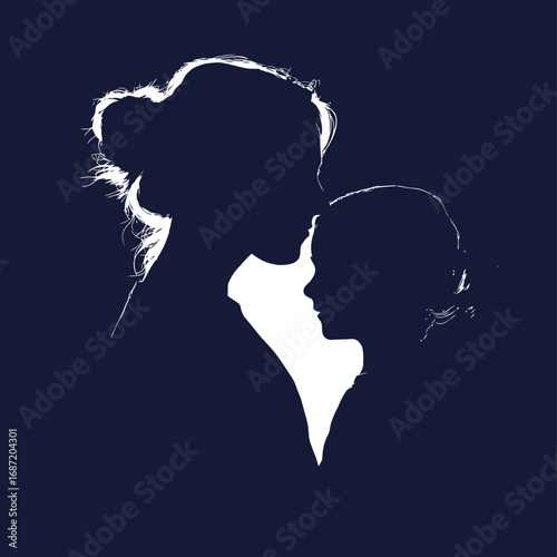 A mother and child stand close together, their silhouettes beautifully highlighted. The scene conveys love and tenderness, capturing a quiet moment of connection.