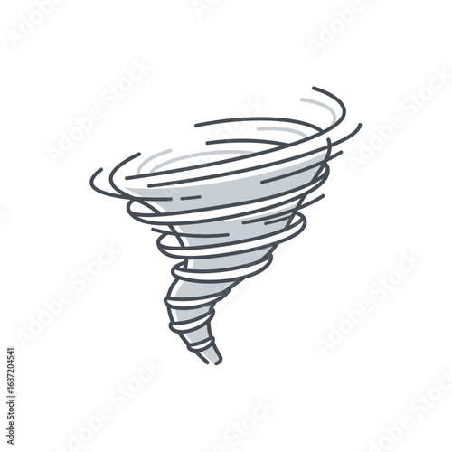 A minimalist line art illustration of a powerful swirling tornado or cyclone, depicting a natural disaster with dynamic gray and black lines.
