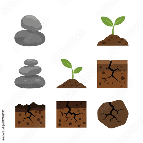 Illustration of rocks, soil, and plants on a white background.