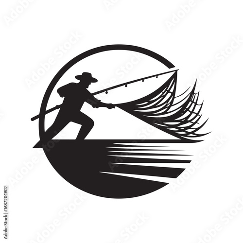 fisherman casting net vector silhouette clip art logo design illustraiton.