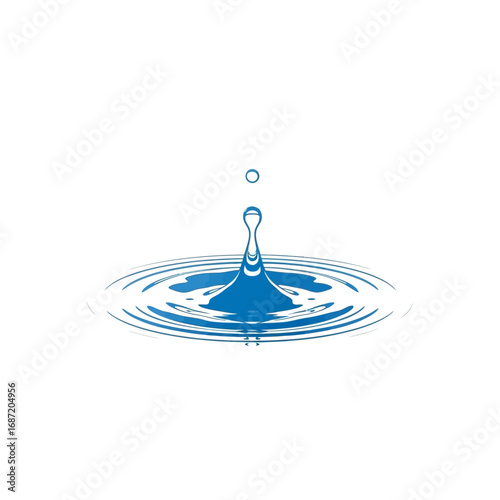 A single blue water droplet falls into a calm pool, creating concentric ripples on a clean white background.