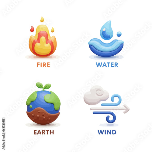 Stylized icons representing the four classical elements: fire, water, earth, and wind, depicted with vibrant colors and a soft, illustrative style.