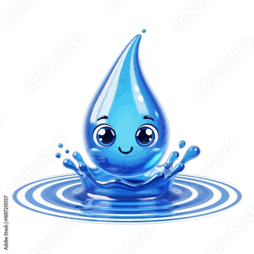 A cheerful cartoon illustration of a blue water droplet with a smiling face, splashing into a pool.