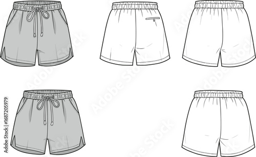 "Men’s swim shorts, front and back view, technical flat sketch, drawstring waistband, summer beachwear design, fashion illustration, vector apparel template, editable outline"