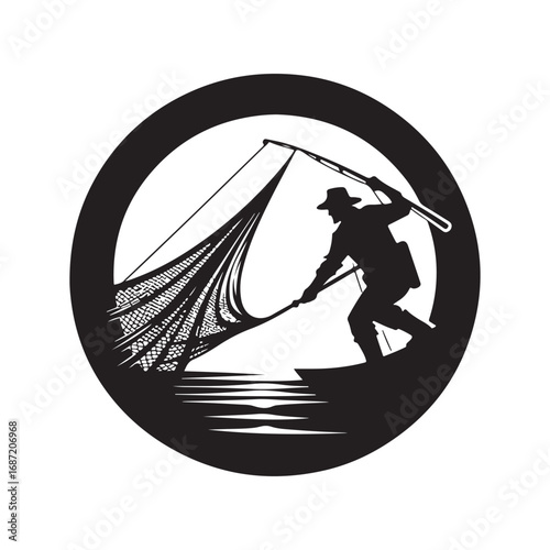 fisherman casting net vector silhouette clip art logo design illustraiton.