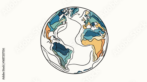 Artistic representation of a world map showcasing abstract landforms and vibrant ocean colors. The continents are emphasized with organic shapes and smooth lines, creating a unique visual.