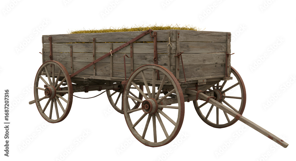 Fototapeta premium FARMING - Vintage wooden wagon with rustic weathered wood and metal wheels isolated on white background, perfect for historical or farm themes