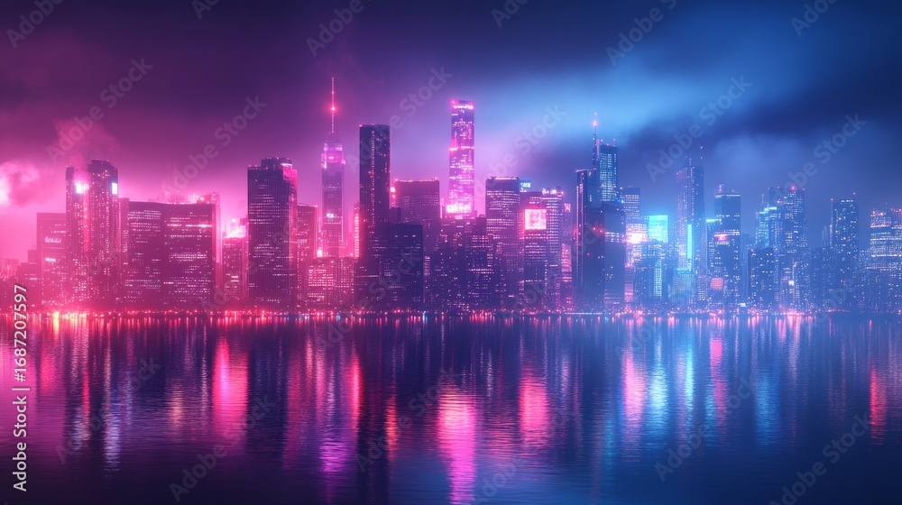 Fototapeta premium A futuristic cityscape with neon lights and reflections in the water creates an atmosphere of a technological future, suitable for presentations about modern megacities or innovations.