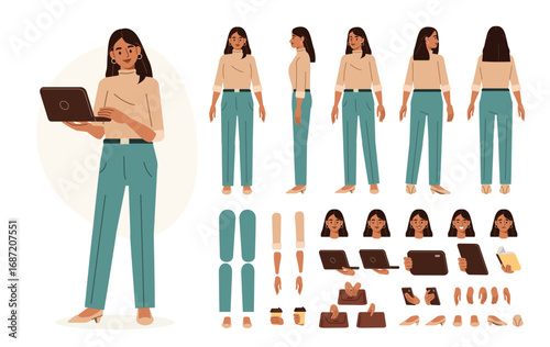 Casual young business woman holding laptop. Character constructor for animation. Front, side and back view set. Body parts, postures, poses collection. Vector illustration.