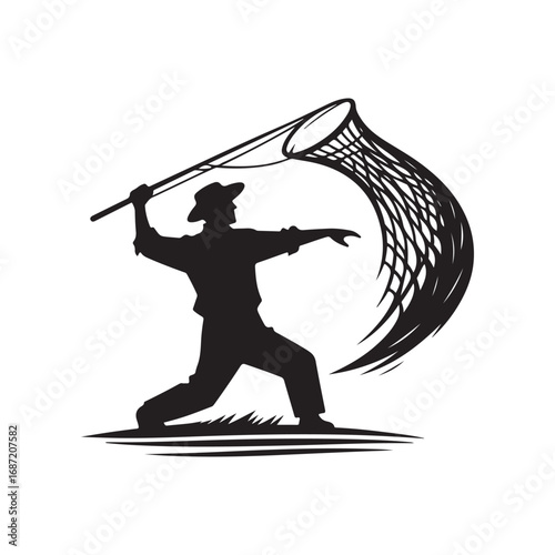 fisherman casting net vector silhouette clip art logo design illustraiton.