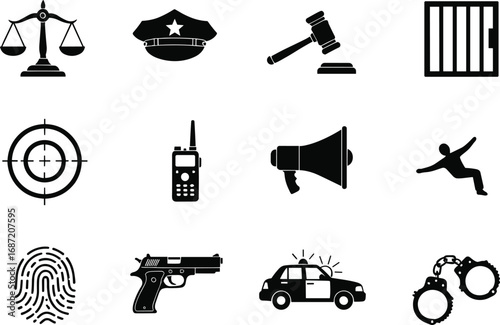 Black silhouette icons set of law enforcement, police gear, justice scales, jail bars, target, fingerprint, gun, police car, handcuffs