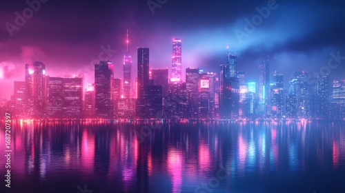 Wallpaper Mural A futuristic cityscape with neon lights and reflections in the water creates an atmosphere of a technological future, suitable for presentations about modern megacities or innovations. Torontodigital.ca