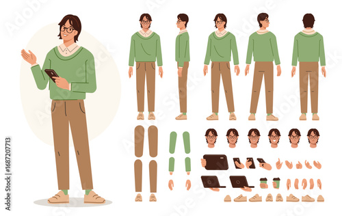 Casual young business man holding smartphone. Character constructor for animation. Front, side and back view set. Body parts, postures, poses collection. Vector illustration.
