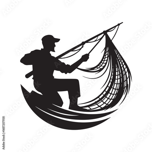 fisherman casting net vector silhouette clip art logo design illustraiton.