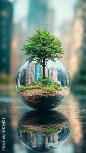 A tree grows on a small island of land inside a transparent sphere, reflecting skyscrapers — a metaphor for the fragility of nature in an urban environmen 