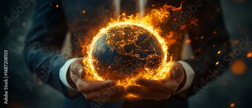 A burning planet in human hands symbolizes the climate crisis and environmental problems, relevant for articles on global warming and ecology.