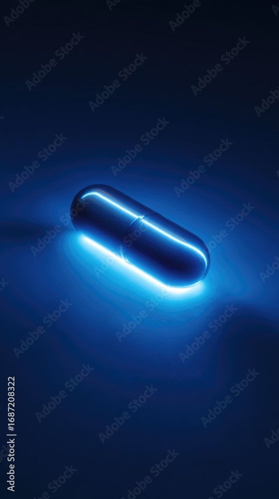 Pill glowing in blue light on dark background Pill glowing in blue light on dark background