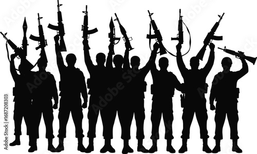 Silhouette of group of armed soldiers standing together raising guns in the air military team vector illustration design