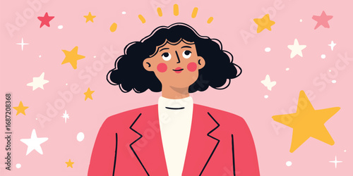 An illustration showcases a visionary woman. surrounded by stars, symbolizing hope and inspiration. this artwork depicts a celebration of dreams and aspirations.