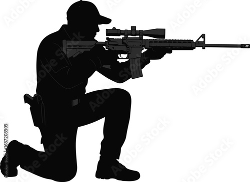 Silhouette of kneeling soldier aiming sniper rifle with scope, tactical gear, cap, holster, and boots isolated on white background