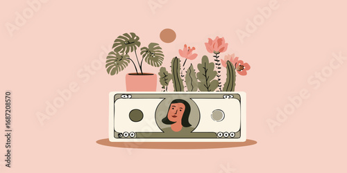 Conceptual image depicting financial growth symbolized by a dollar bill blooming with plants, illustrating the concept of money flourishing in a beautiful, stylized fashion.