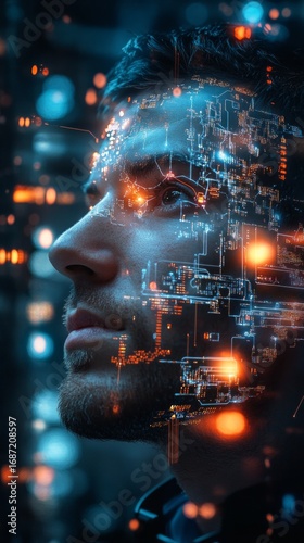 A futuristic portrait of a person with digital elements on their face symbolizing technology and artificial intelligence is suitable for articles about the future,  