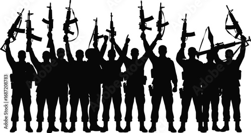 Silhouette of large group of armed soldiers standing together raising rifles and guns celebrating victory military vector illustration design