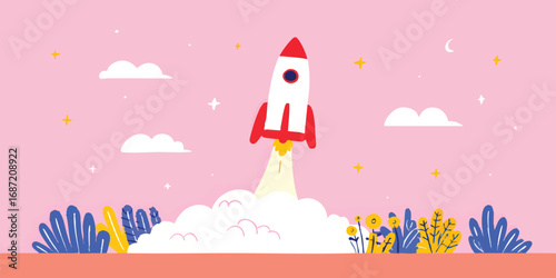 A vibrant illustration of a rocket launching, set against a soft pink background. The rocket is taking off, leaving a trail of smoke and flames, set amidst whimsical clouds and stylized stars. 