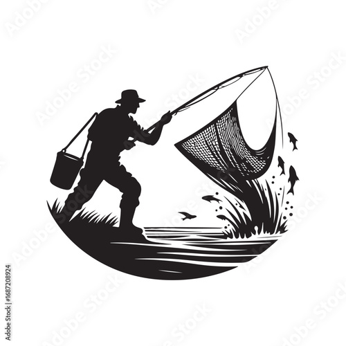 fisherman casting net vector silhouette clip art logo design illustraiton.