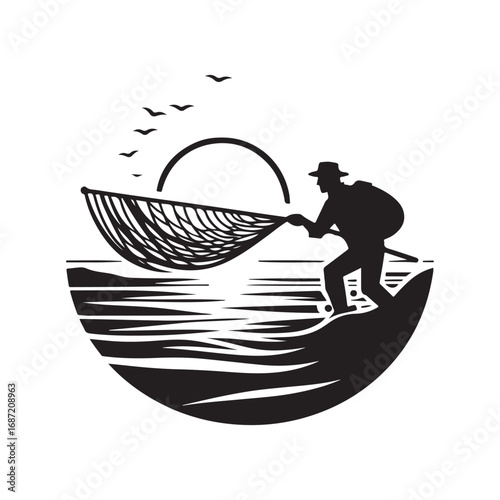 fisherman casting net vector silhouette clip art logo design illustraiton.